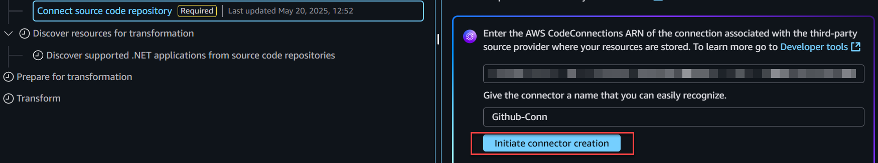 Enter connector name and ARN