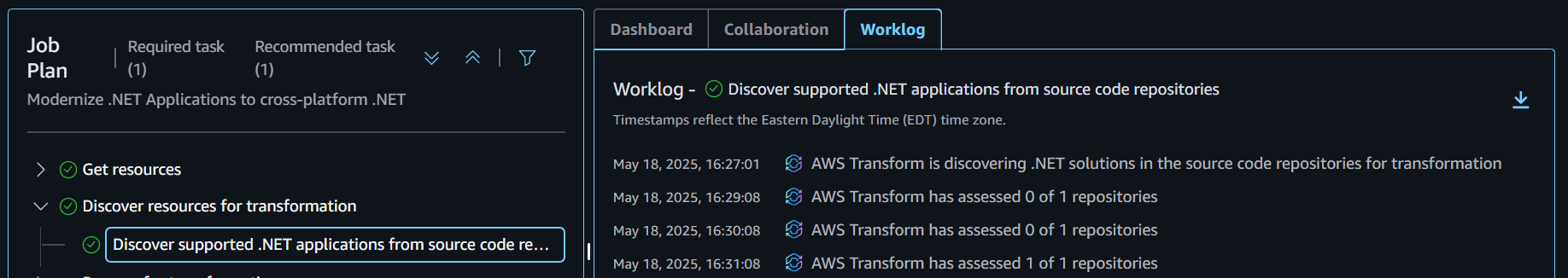 Detailed logs in the worklog tab