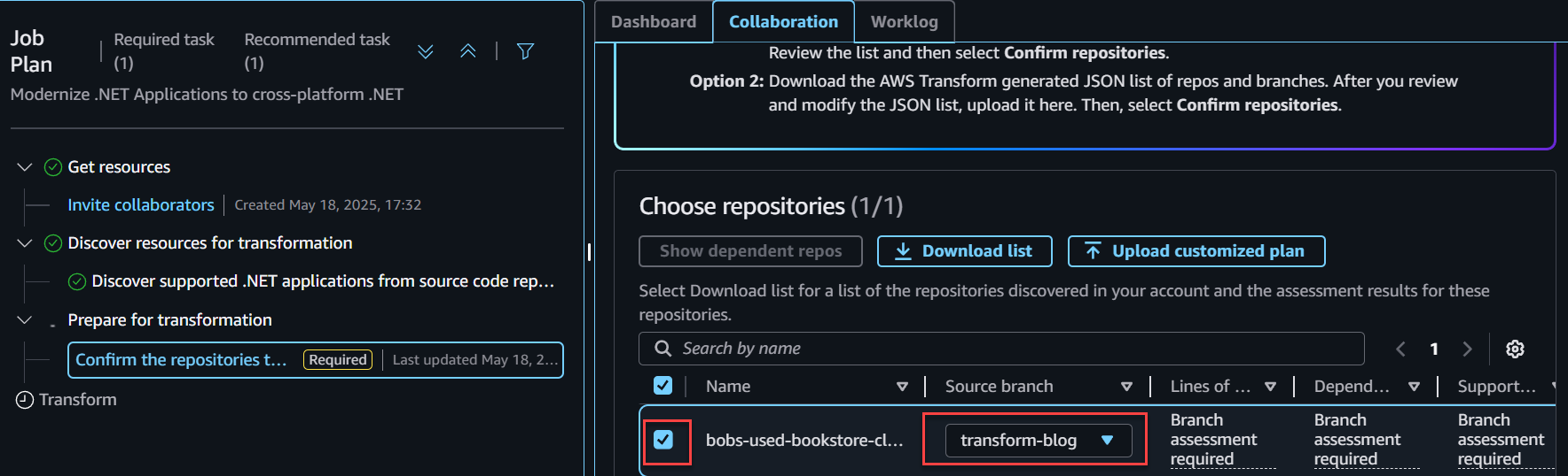 Choose the source branch for transformation from the dropdown