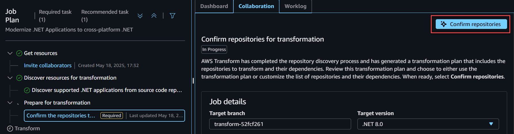 Confirm repositories to proceed to next step