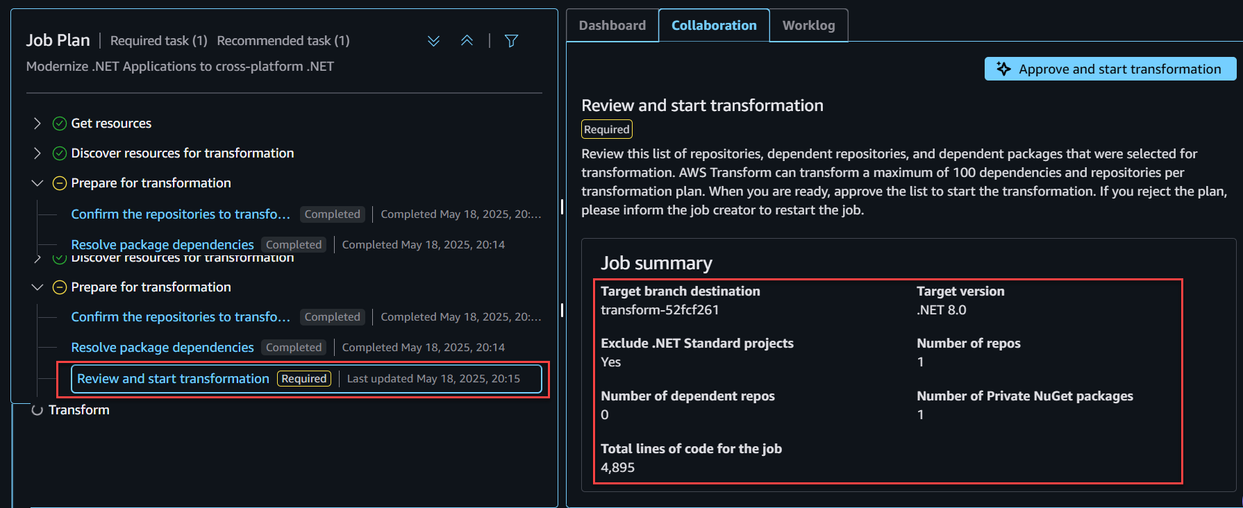 Review transformation job summary