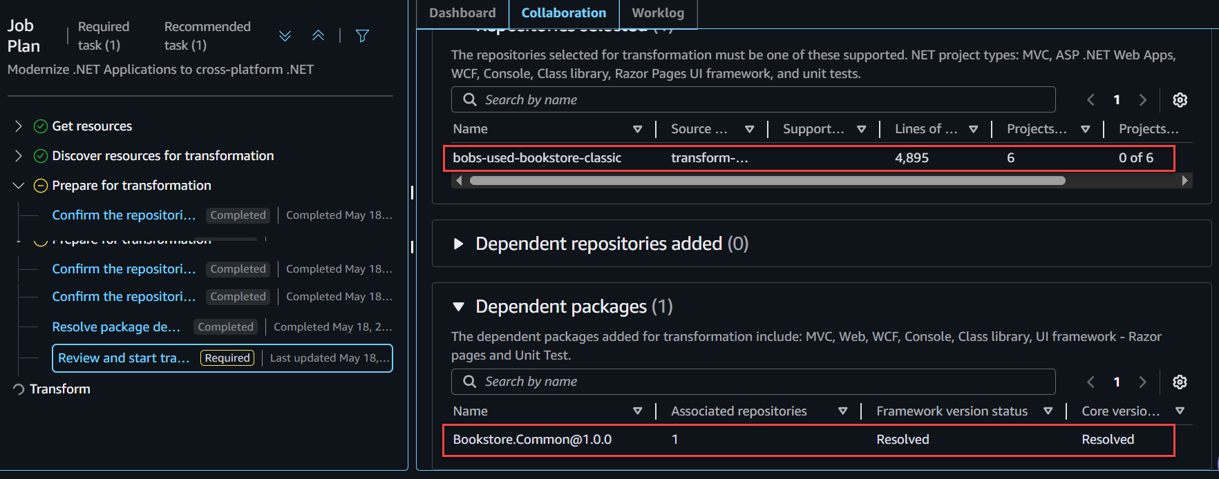 Review repositories and packages selected for transformation