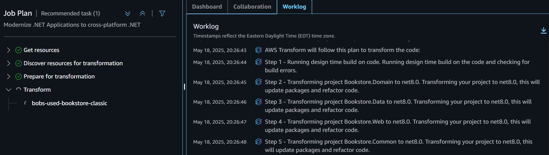 Track transformation progress in Worklog