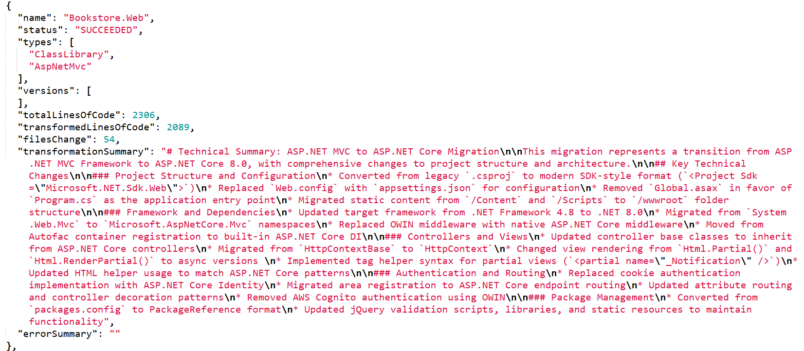 View detailed transformation summary in JSON format