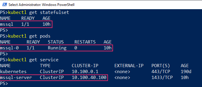 Viewing the StateFulSet, pods and service on the command line.