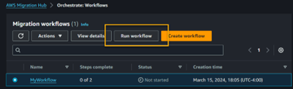 A screenshot to run the  workflow for the Migration hub console.