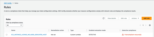 A screenshot for the custom AWS config rule.