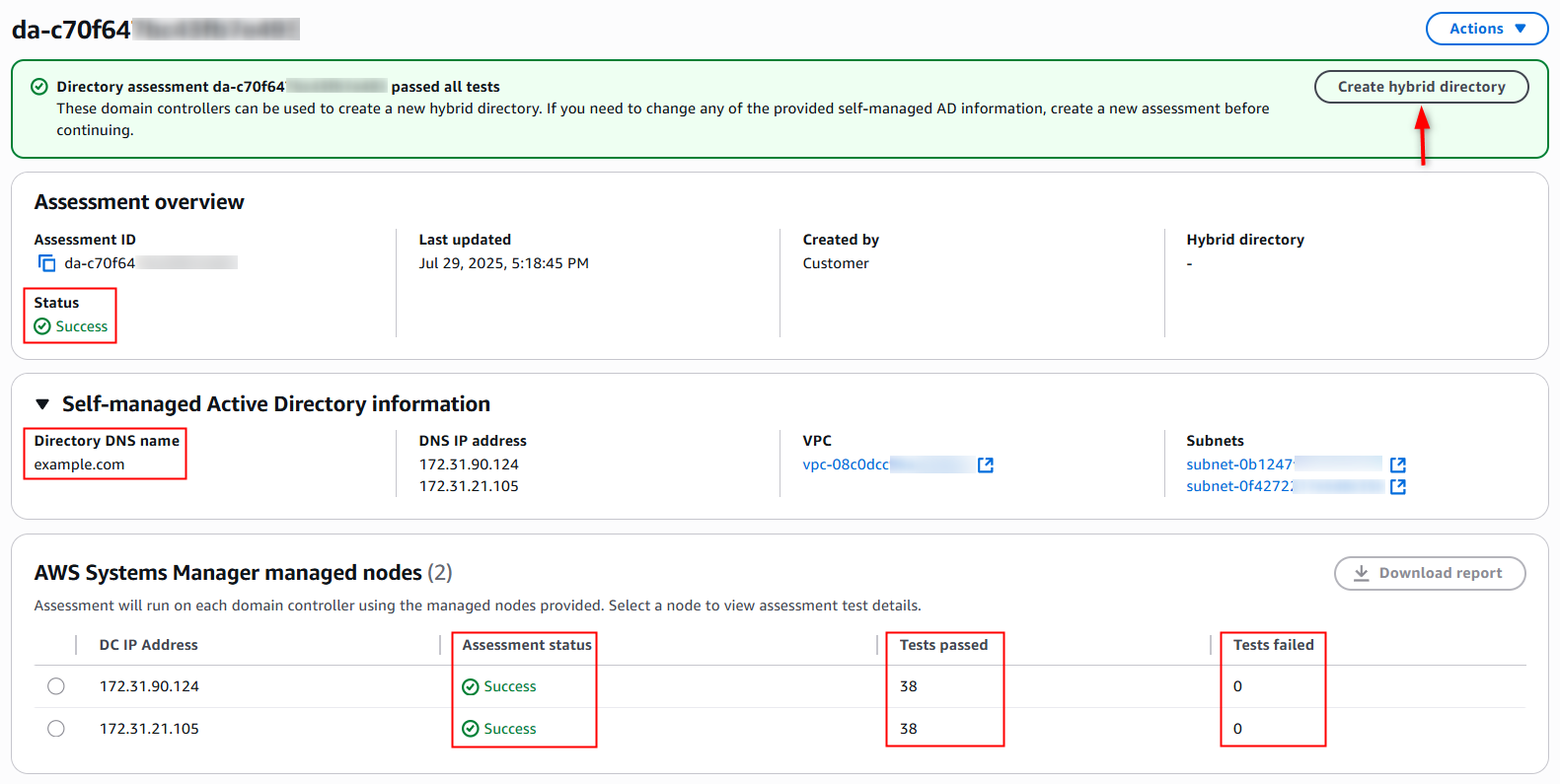 그림 7 – AWS Managed Microsoft AD(하이브리드 에디션) 평가 결과 검토.