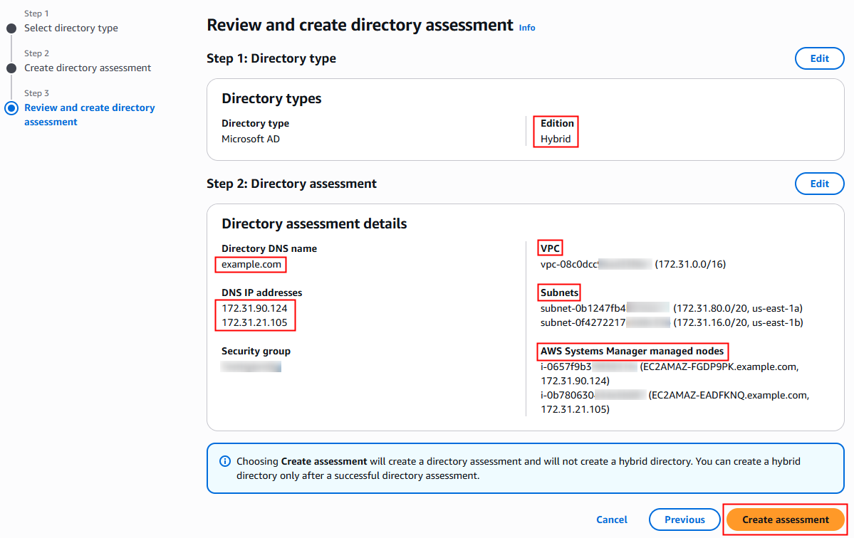 그림 6 – AWS Managed Microsoft AD(하이브리드 에디션) 평가 검토 콘솔 페이지.