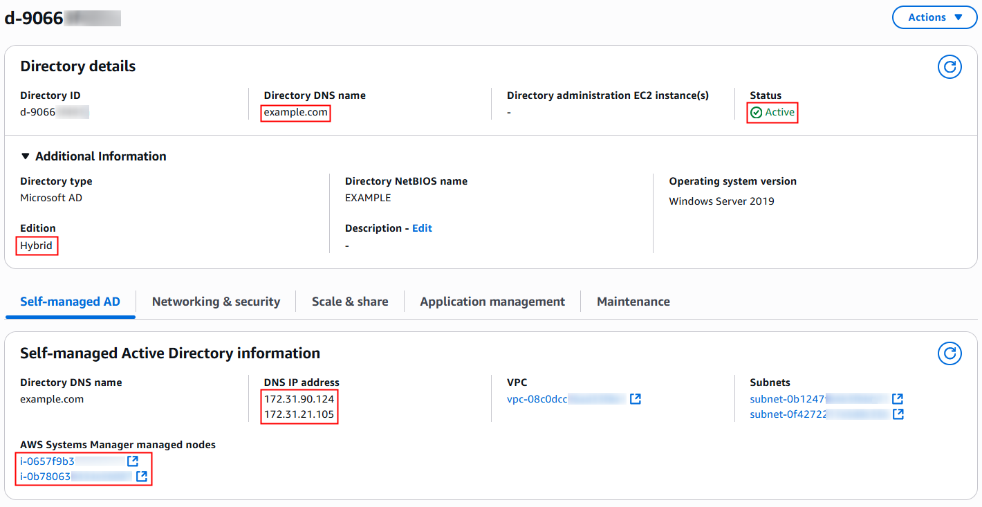 그림 9 – AWS Managed Microsoft AD(하이브리드 에디션) AD 배포 성공 상태.