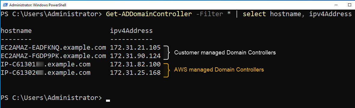 그림 10 - AWS Managed Microsoft AD(하이브리드 에디션)의 도메인 컨트롤러 나열