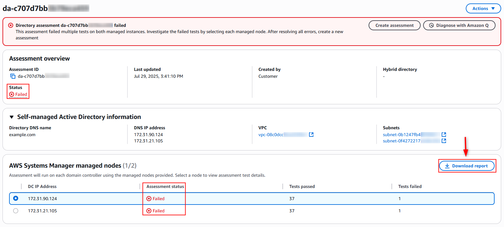 그림 12 – 실패한 평가 상태 및 보고서.