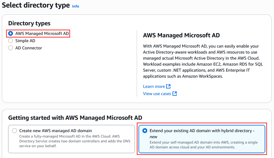 그림 4 – AWS Managed Microsoft AD(하이브리드 에디션) 배포 콘솔 페이지.