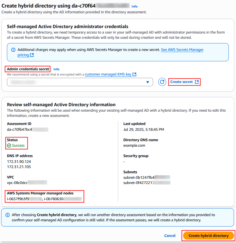 그림 8 – AWS Managed Microsoft AD(하이브리드 에디션) 구성 콘솔 페이지