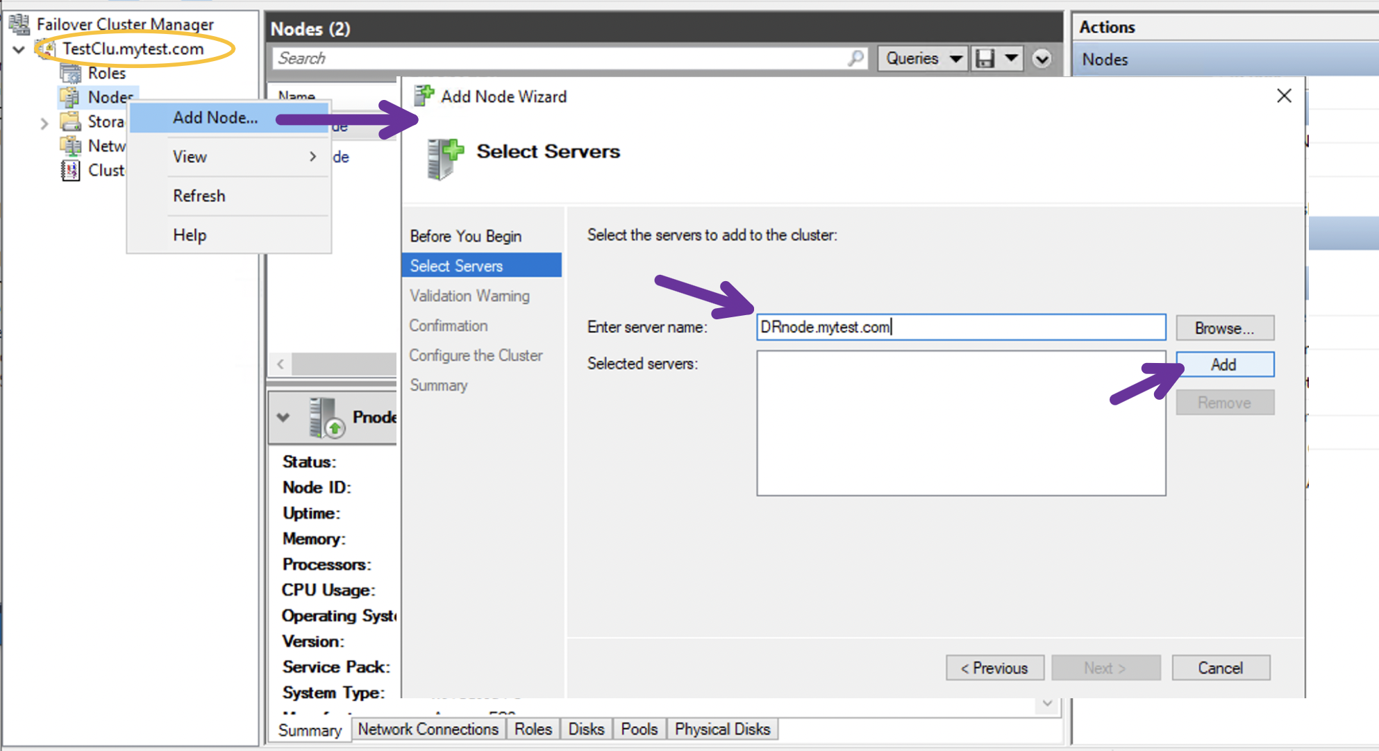 Confirmation dialog showing successful addition of DR node to the Windows Server Failover Cluster