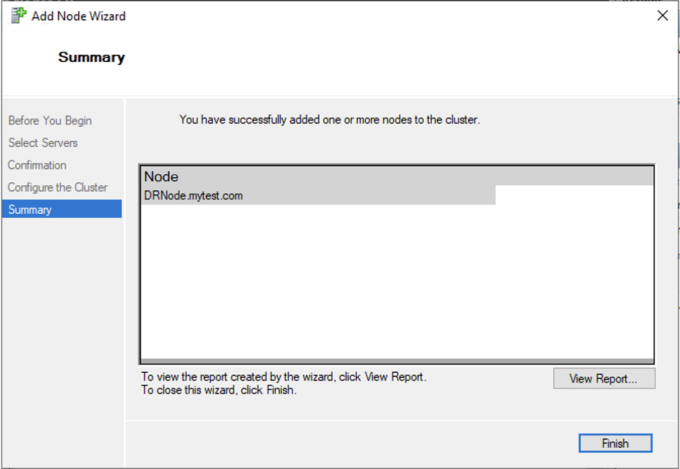Confirmation dialog showing successful addition of DR node to the Windows Server Failover Cluster