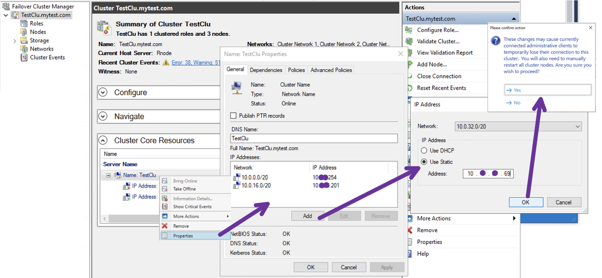 Cluster properties dialog box showing configuration of EC2 secondary IP address as cluster resource IP