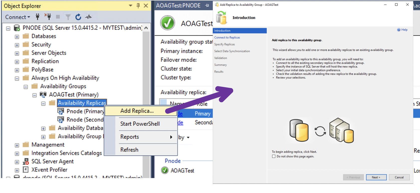 Shows adding Amazon EC2 as secondary replica to on-premises availability group