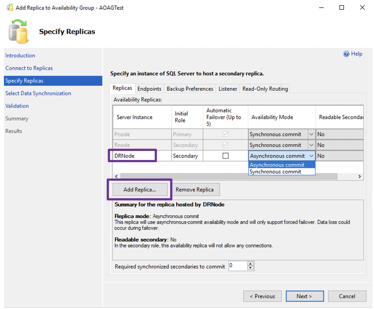 Shows adding DRnode with asynchronous commit mode to the AOAG