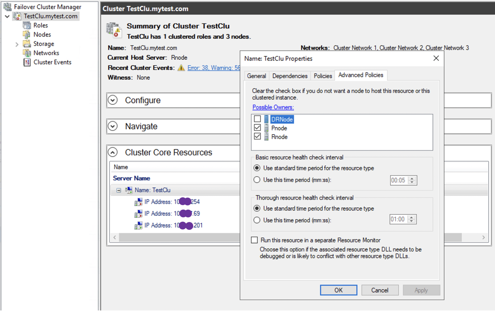 Failover preferences dialog showing DR node being removed from preferred owners list