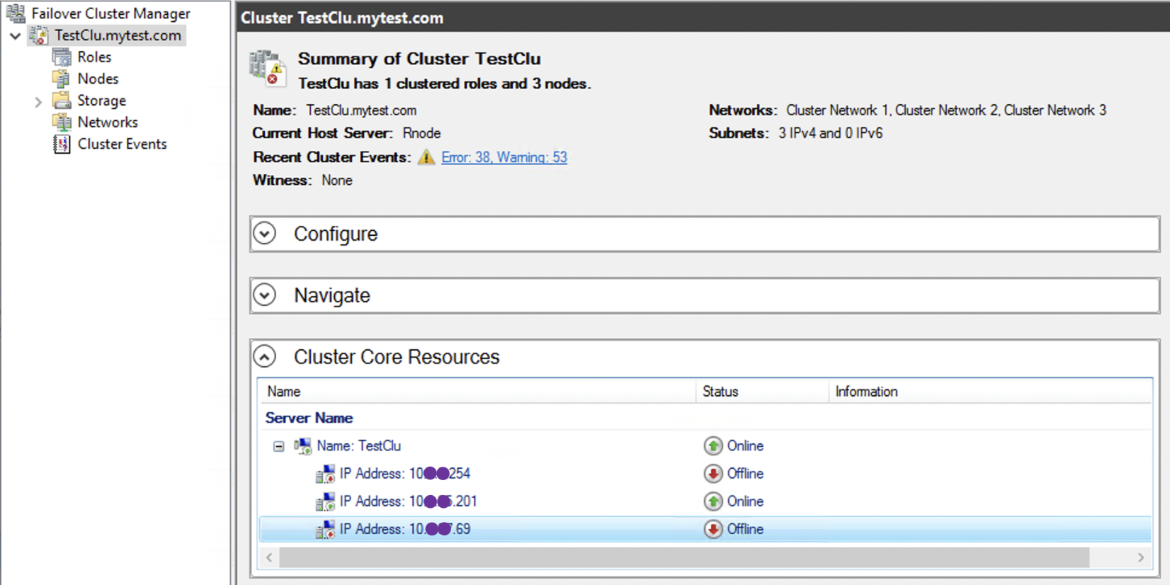 Shows Failover Cluster Manager Dashboard with newly added DRnode