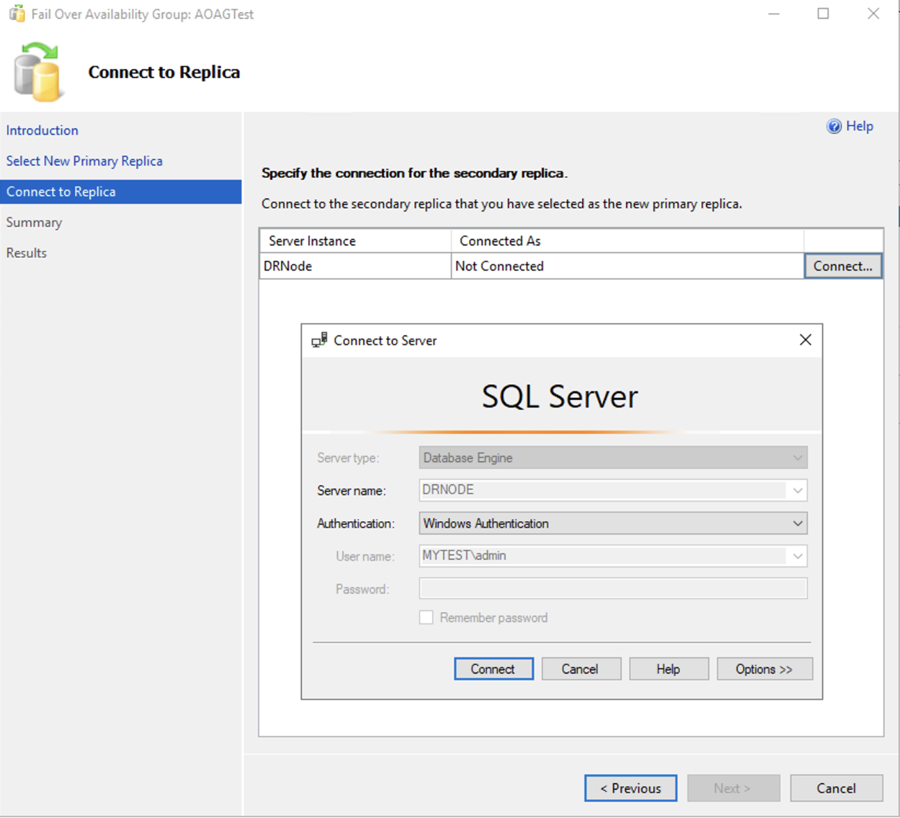 Shows DR node failover connection prompt window during the failover 