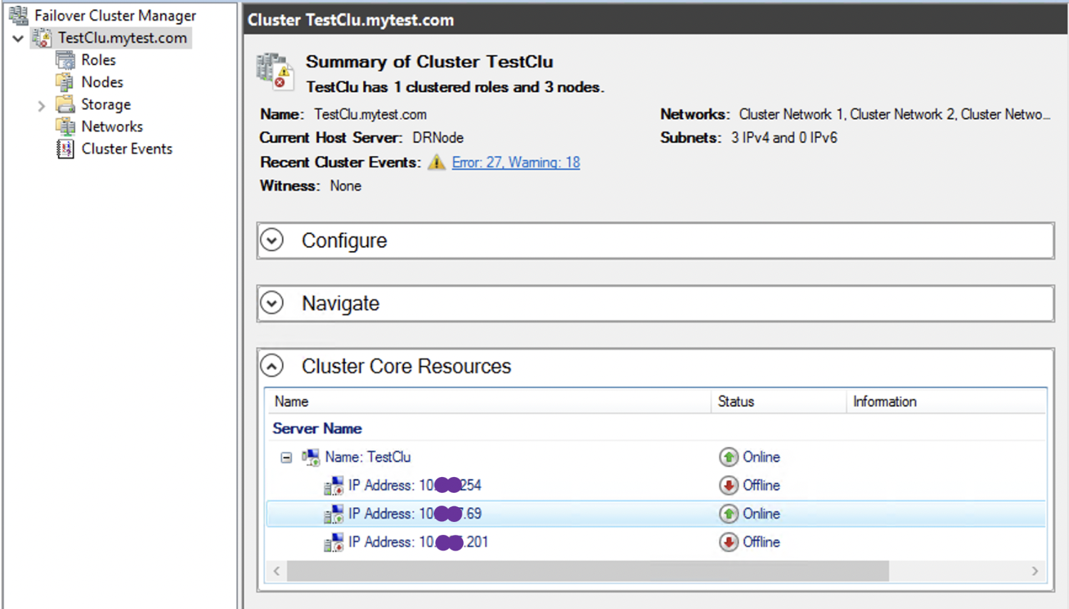 Shows the WSFC Dashboard with DR node(10.x.x.69) as primary