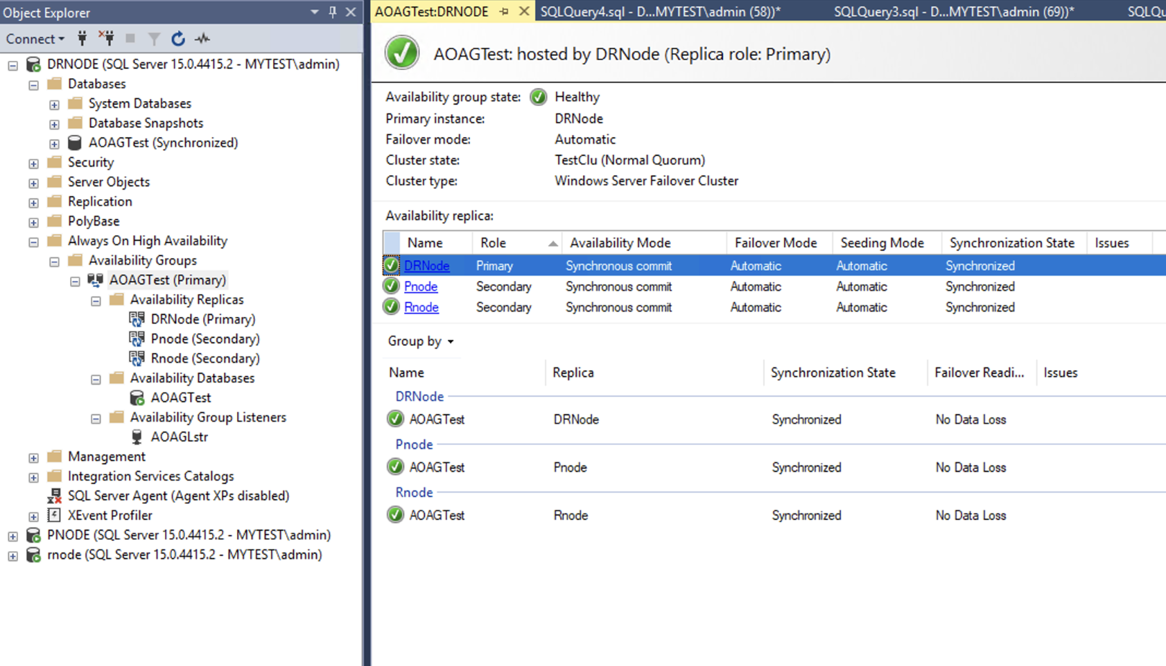 Shows Availability group with DR node as primary replica