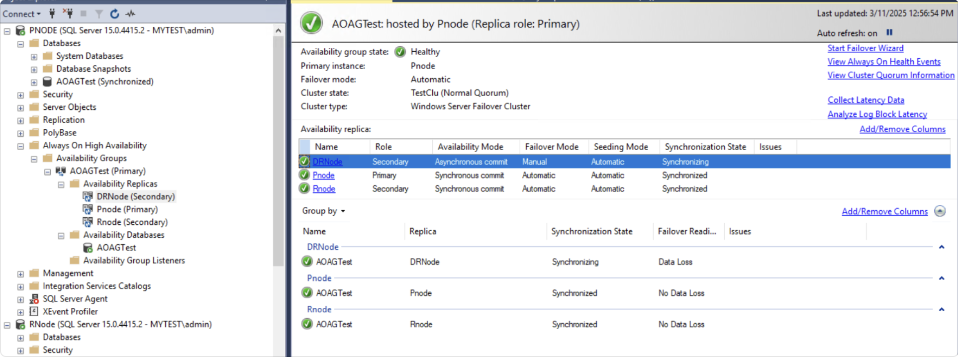 Shows AOAG Dashboard Health Status with DRnode in Asynchronous commit mode