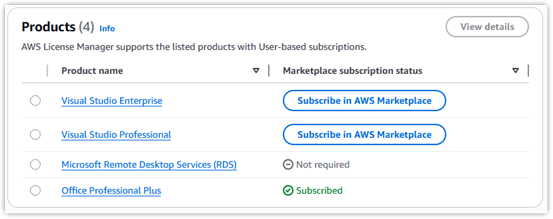 Screenshot of the AWS console showing the Marketplace status for Office Professional Plus as Subscribed, while the status for Microsoft Remote Desktop Services is Not Required