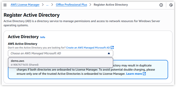 Screenshot of the AWS console showing the shared AWS Managed Microsoft AD domain is available in the dropdown list