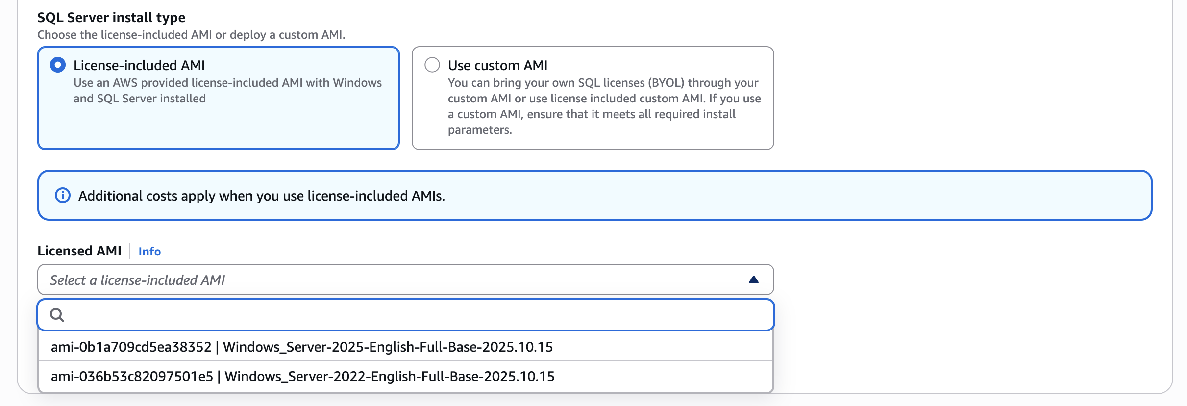 AWS Launch Wizard SQL developer SQL Server installation type