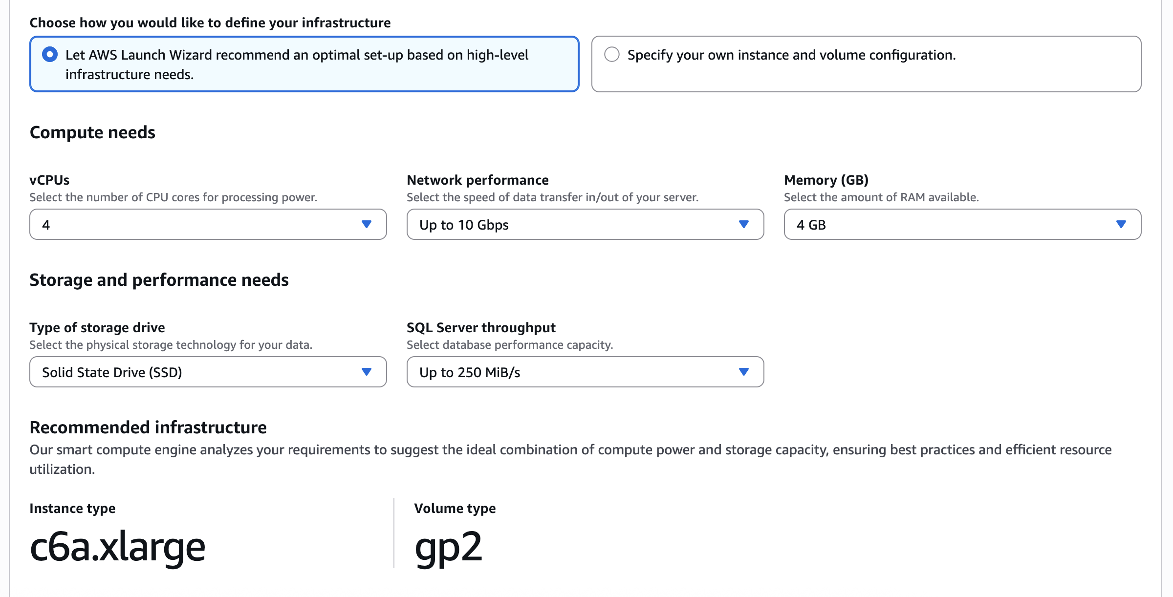 AWS Launch Wizard SQL developer recommended infrastructure