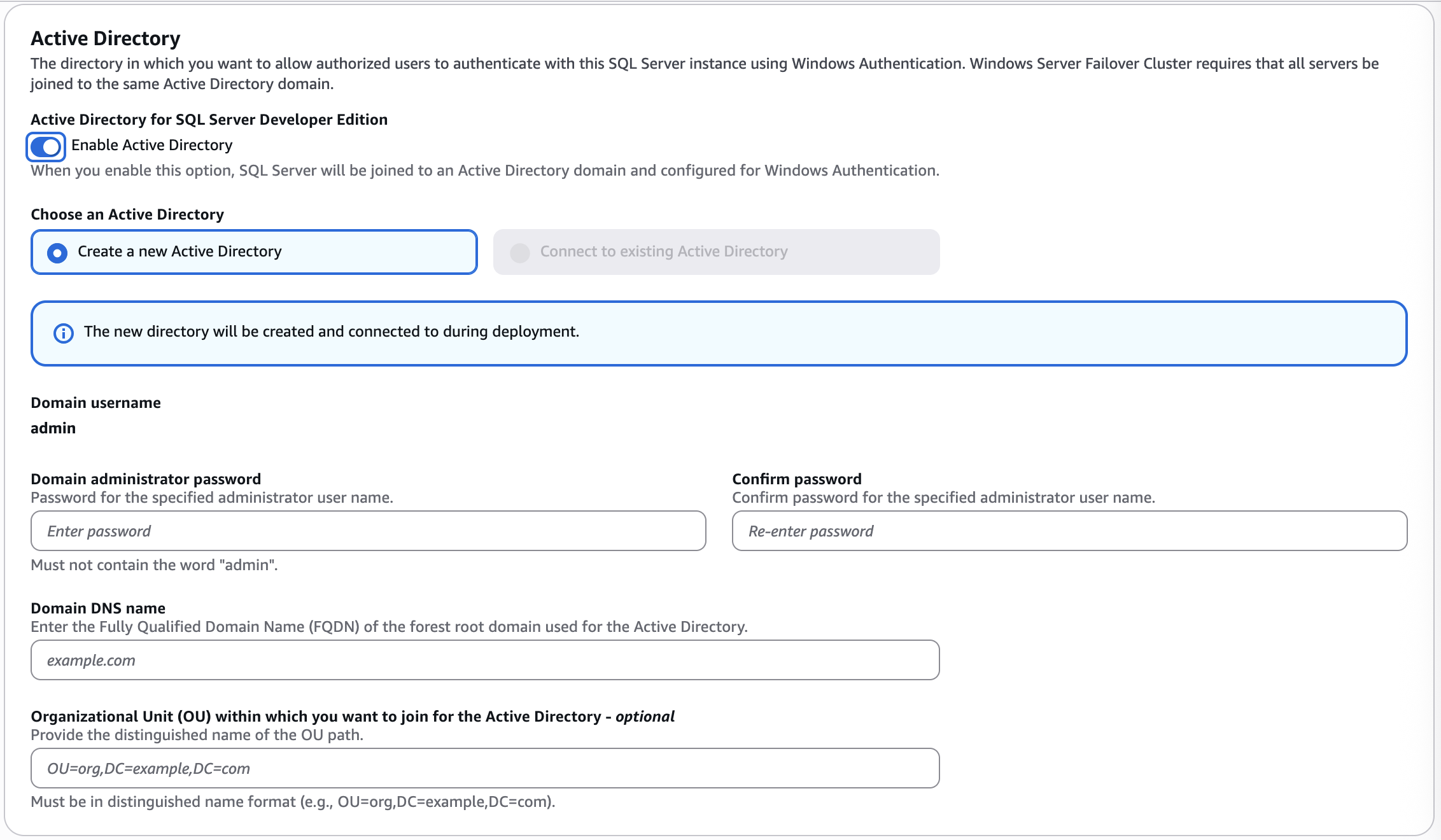 SQL Server developer edition Launch Wizard Active Directory options