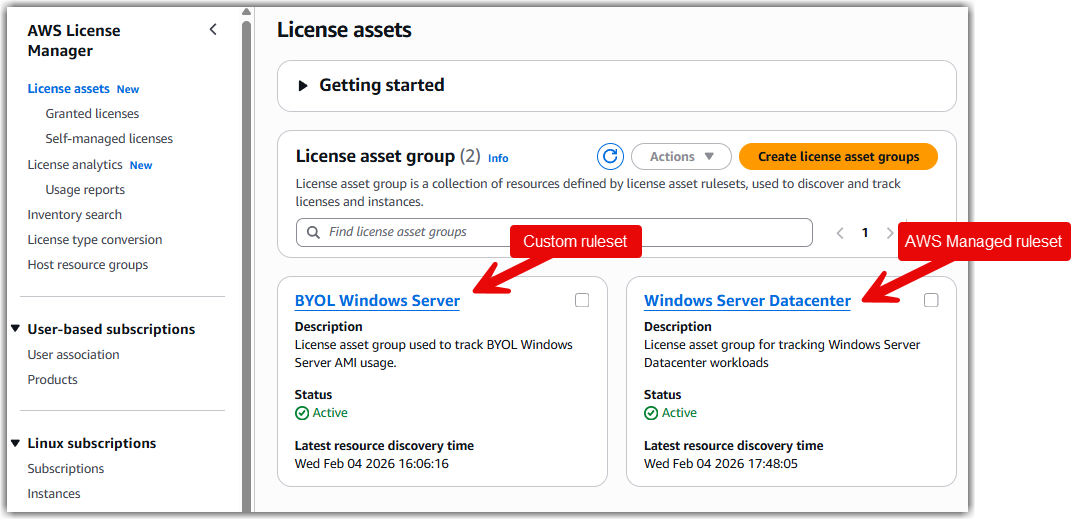 Viewing license asset groups configured within the AWS account