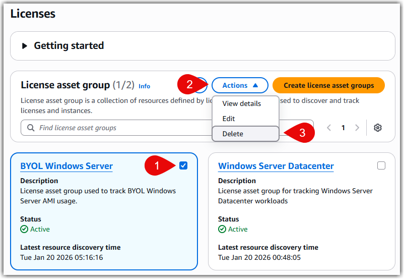 Deleting a license asset group.