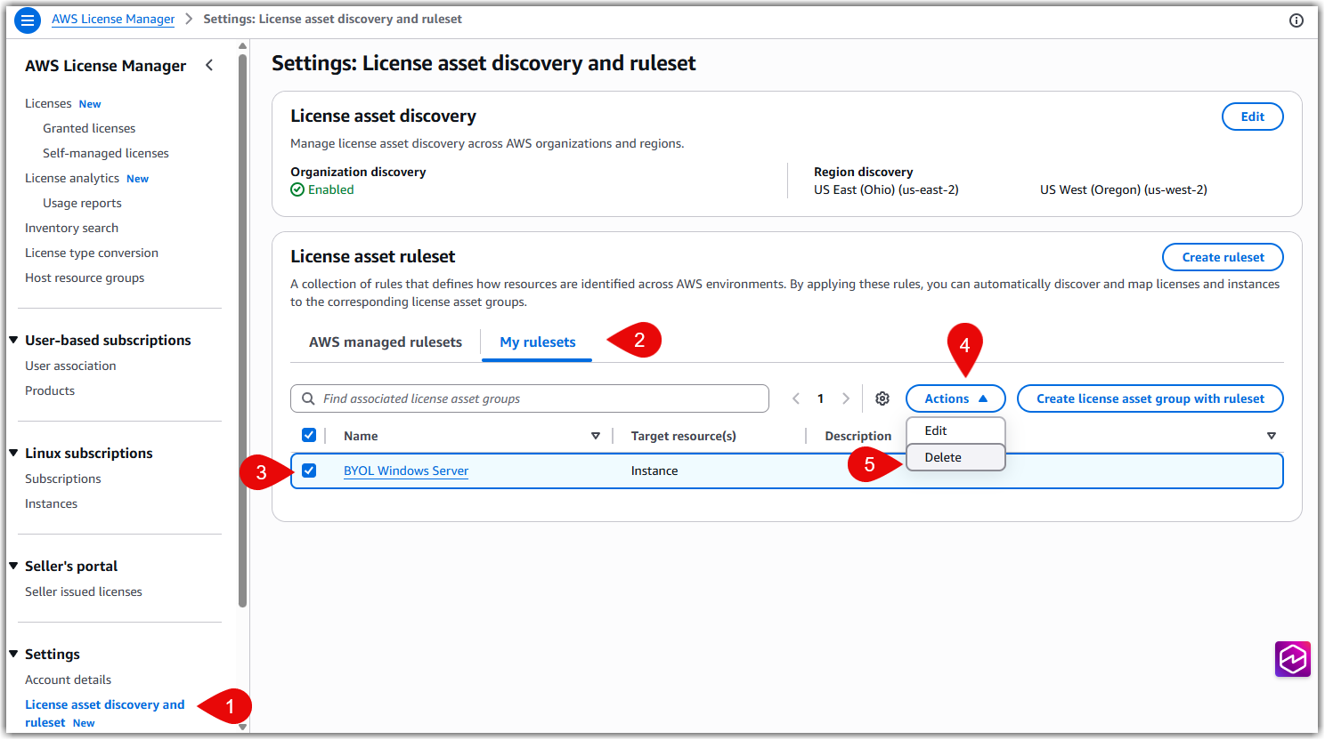 Deleting a license asset group custom ruleset.