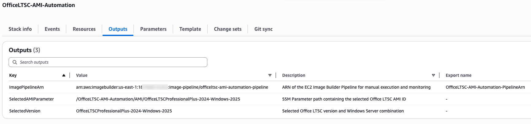 CloudFormation Stack Outputs - Image Pipeline ARN and Parameters