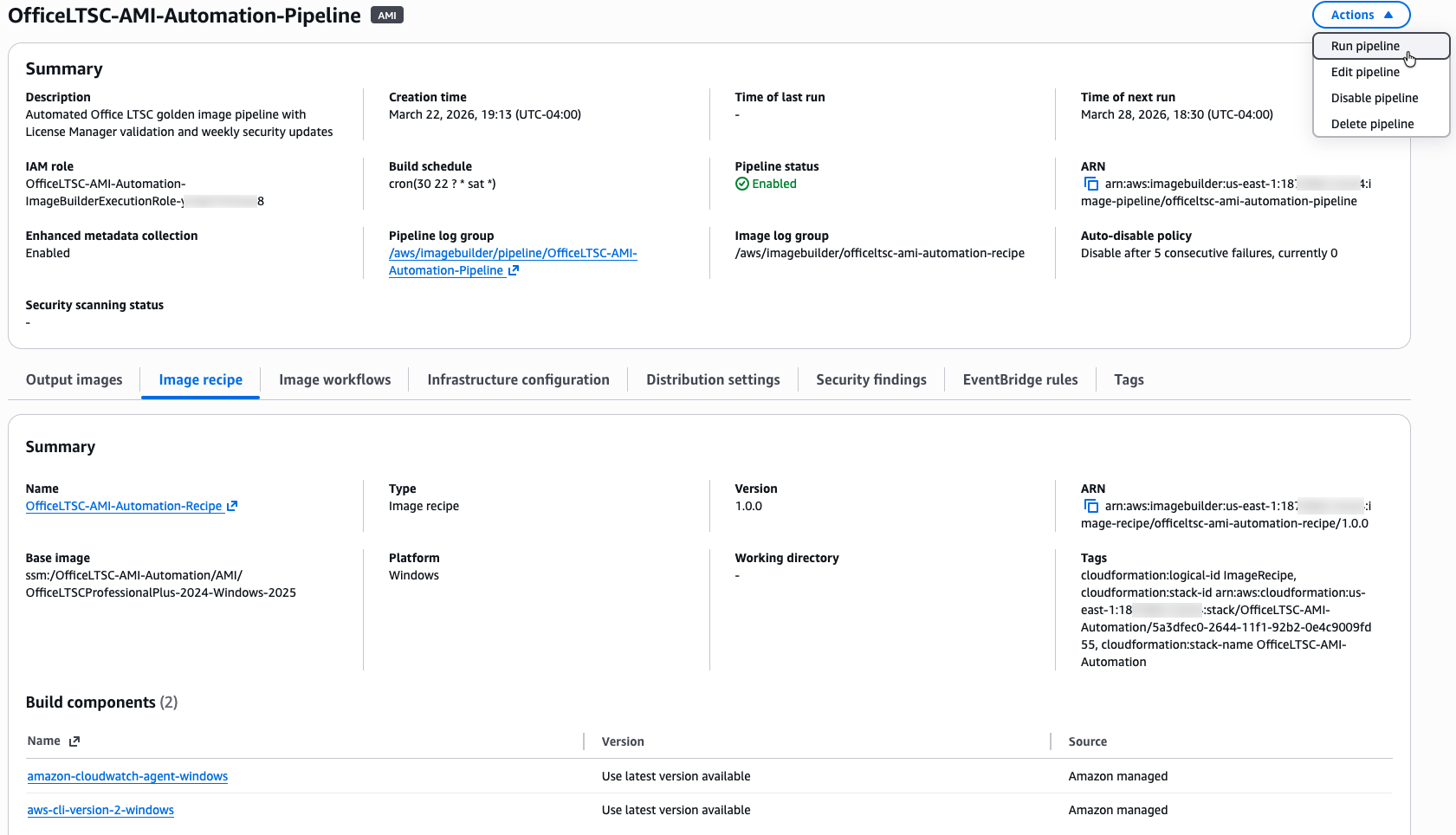 EC2 Image Builder Pipeline Summary and Manual Run Option