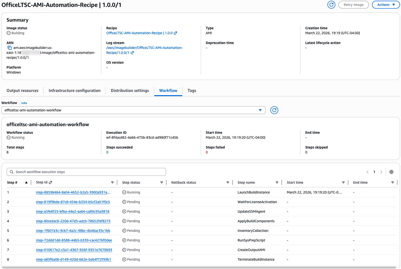 AMI Image Build Workflow Execution with Step-by-Step Status