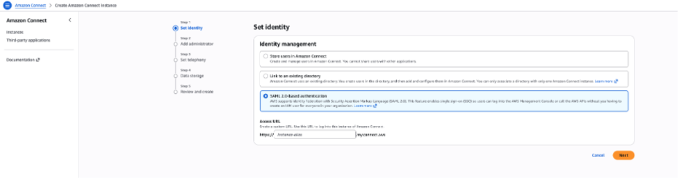 Amazon Connect console: Create instance wizard Step 1 — Set identity with SAML 2.0-based authentication selected and Access URL field showing instance-alias.my.connect.aws.