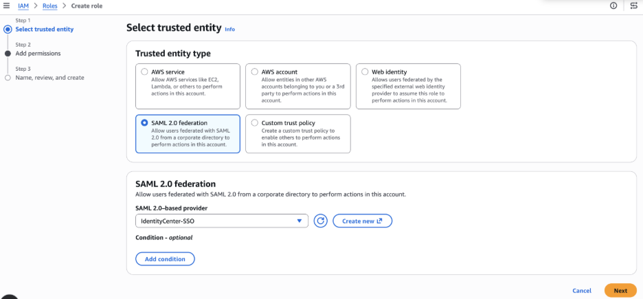 AWS IAM console: Create role wizard Step 1 — Select trusted entity with SAML 2.0 federation selected and IdentityCenter-SSO as the SAML provider.