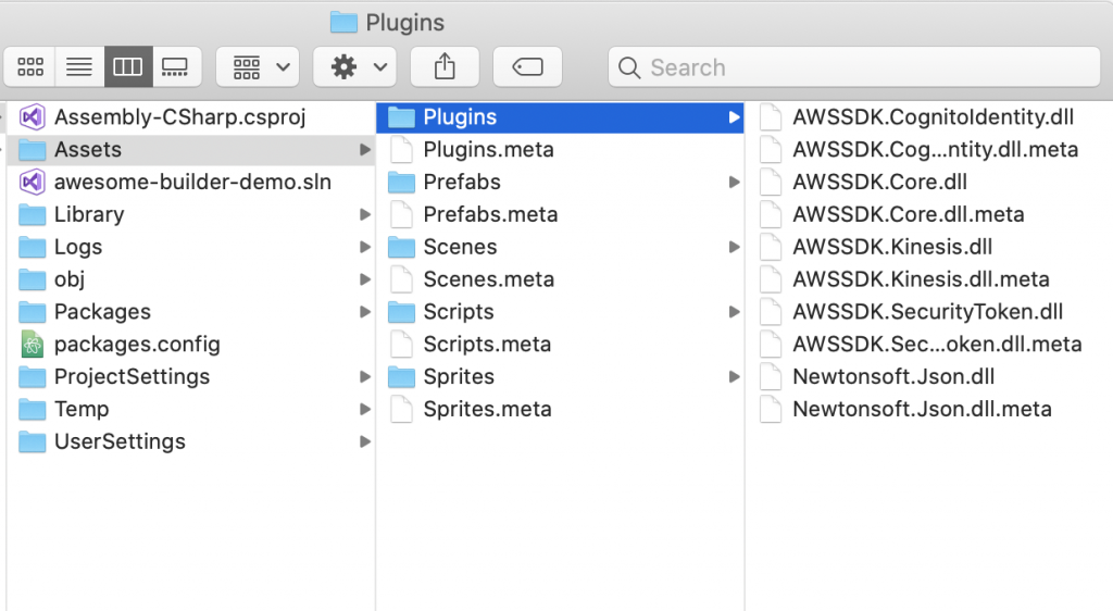 Image of the Plugins folder within the Unity project with copied .dll files.