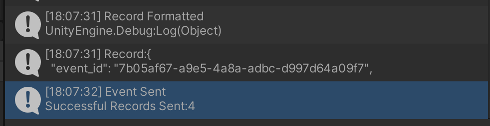 Image of the debug logs printed in the Unity game engine.