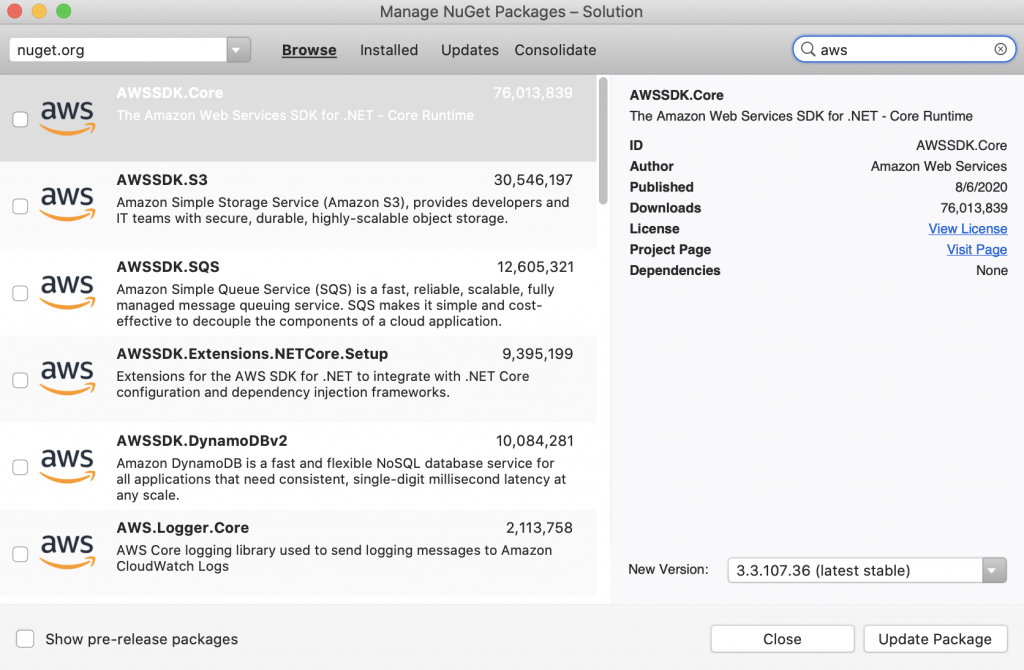 Image of the NuGet package manager for .NET in Visual Studio showing how to download necessary AWS .NET SDKs for the project, such as AWSSDK.Core.