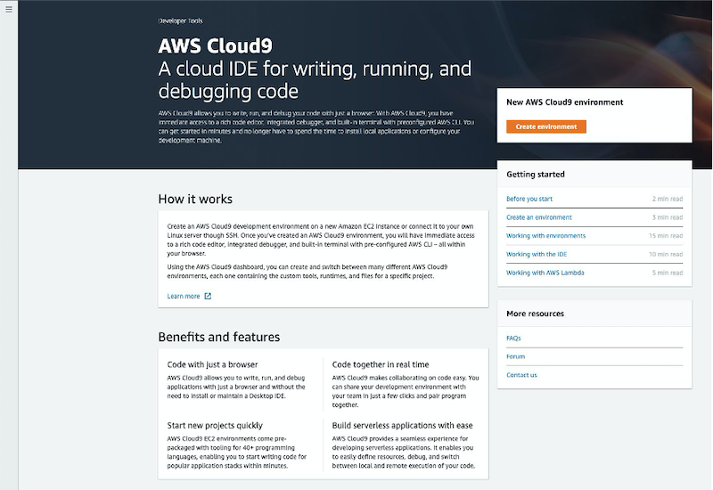 AWS Cloud9 console page