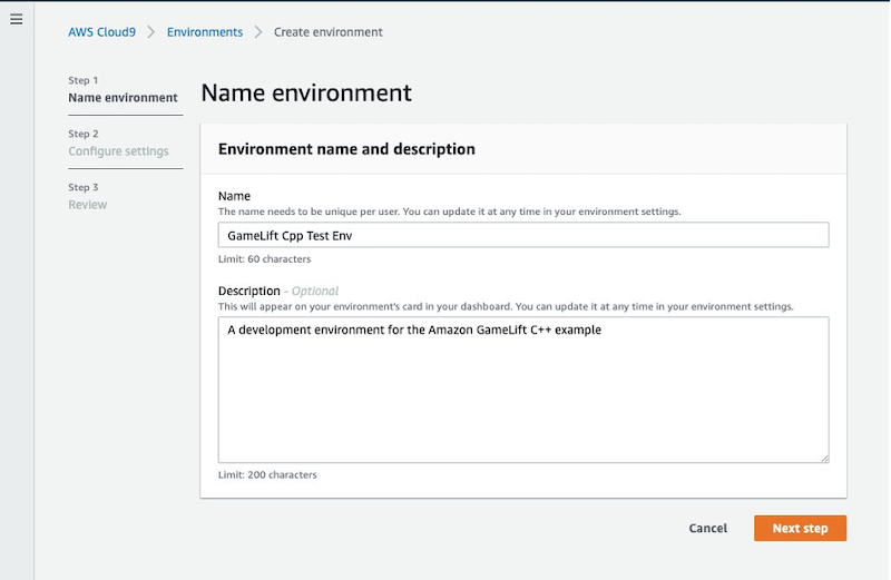 AWS Cloud9 create environment page