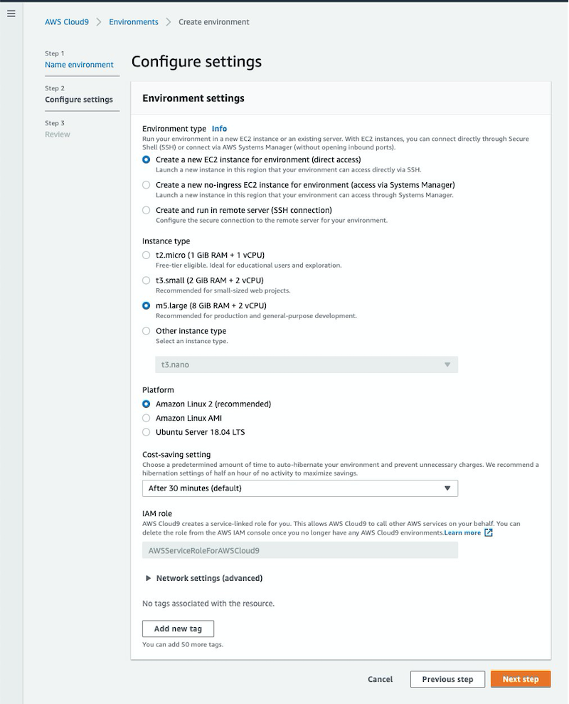 AWS Cloud9 create environment page