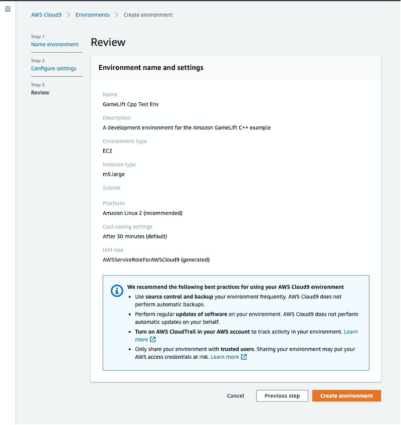 AWS Cloud9 create environment page