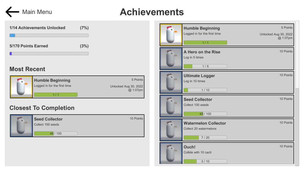 Sample game showing Achievement feature